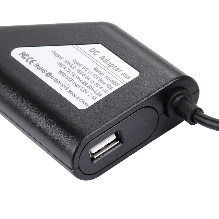 Universāls automašīnas lādētājs klēpjdatoram ar 90 W jaudu, 8 strāvas adapteriem un 1 USB portu, paredzēts Samsung, Sony, Asus, Acer, IBM, HP, Lenovo datoriem