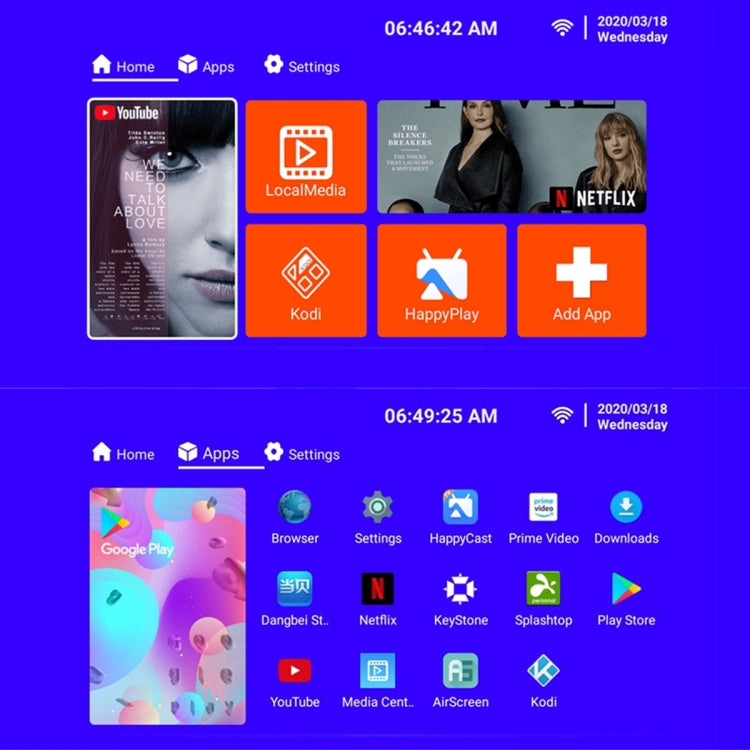 Мини-проектор для кинотеатра T6, 2000 ANSI люмен, Android 7.1, RK3128, 4 ядра, 1 ГБ + 8 ГБ, вилка ЕС