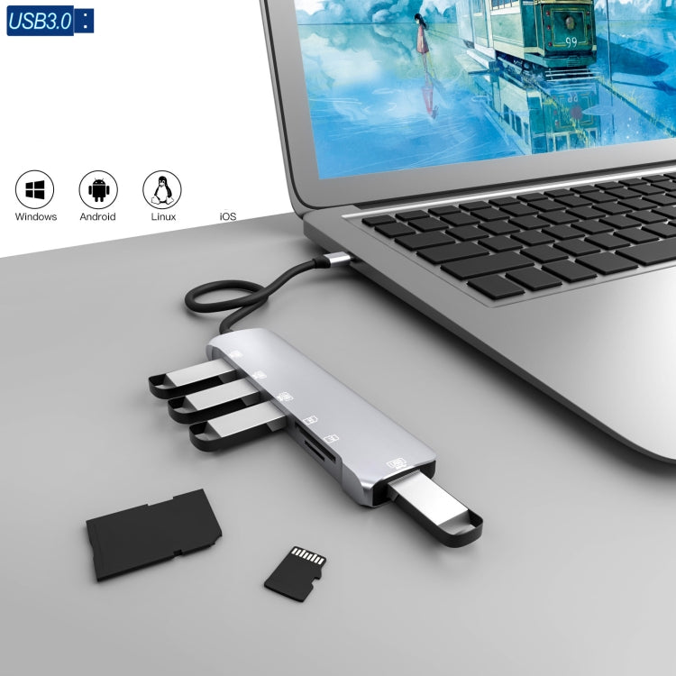 NK-3043H 6-в-1 USB-C/Type-C на TF/SD-карту + 4 USB 3.0 (мама)