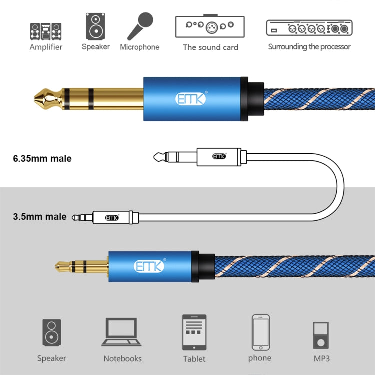 EMK 3.5mm Jack Male to 6.35mm Jack Male Gold Plated Connector Nylon Braid AUX Cable for Computer / X-BOX / PS3 / CD / DVD