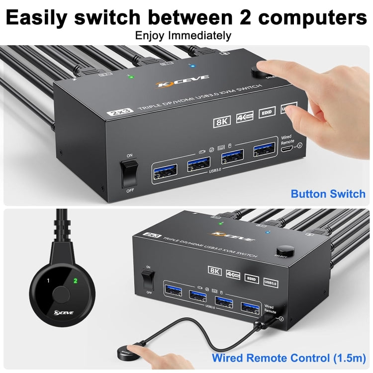 KC-KVM203DH 8K 30Hz USB3.0 DP+DP+HDMI Triple Monitors KVM Switch, EU Plug