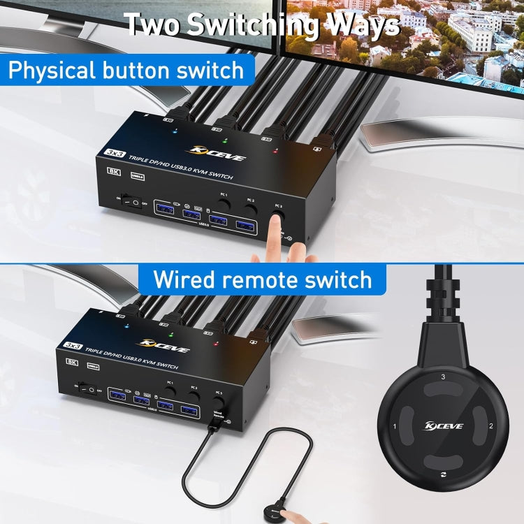 KC-KVM303DH 8K 60Hz USB3.0 DP+DP+HDMI Triple Monitors KVM Switch
