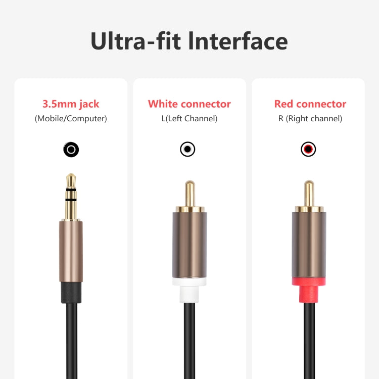 3,5 mm vīriešu un 2 RCA vīriešu audio kabeļa pastiprinātāja savienotājs
