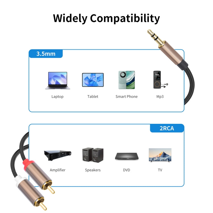 3,5 mm vīriešu un 2 RCA vīriešu audio kabeļa pastiprinātāja savienotājs