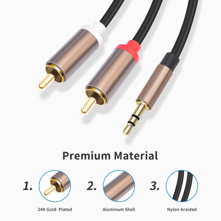 3,5 mm vīriešu un 2 RCA vīriešu audio kabeļa pastiprinātāja savienotājs
