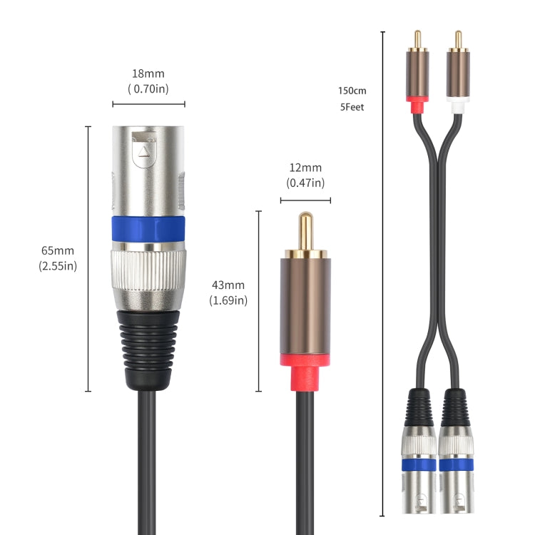 2 RCA vīriešu un 2 XLR 3 kontaktu vīriešu audio kabelis