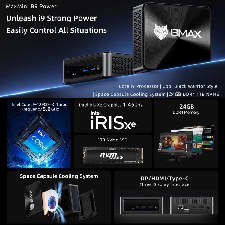 BMAX B9 Power Windows 11 Mini PC, Intel Core i9-12900H, atbalsta 3 monitoru izvadi