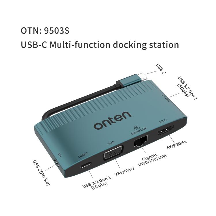 Многофункциональная док-станция Onten 6 в 1 USB-C, HDTV + VGA + RJ45 Gigabit + USB-C Data + USB-C PD 3.0 + USB 3.0