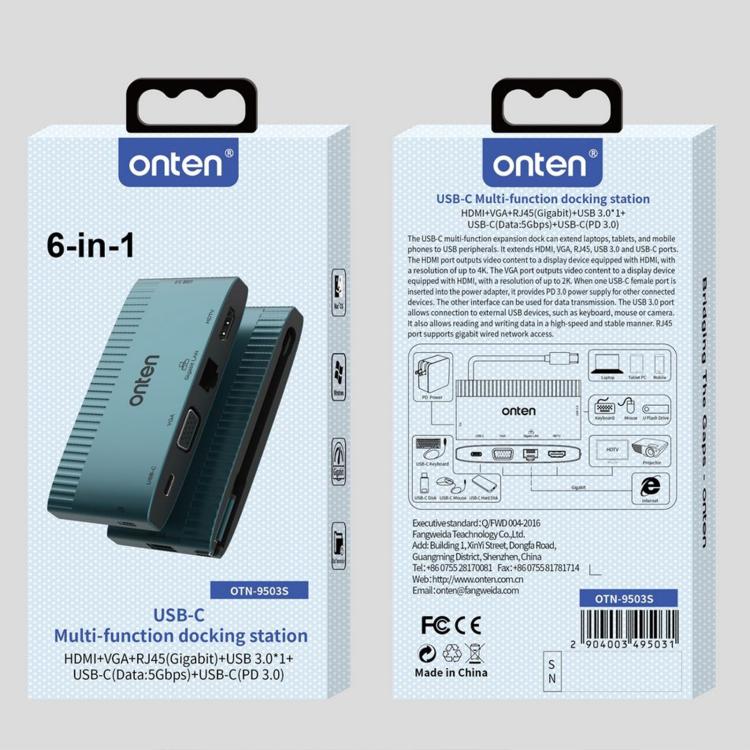 Многофункциональная док-станция Onten 6 в 1 USB-C, HDTV + VGA + RJ45 Gigabit + USB-C Data + USB-C PD 3.0 + USB 3.0