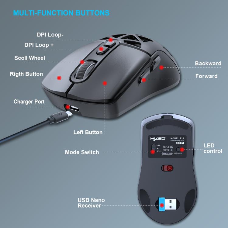 HXSJ T26 divu režīmu 2.4G BT5.1 uzlādējama bezvadu pele