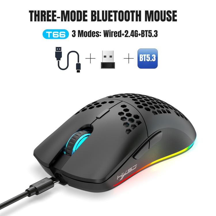 Проводная мышь HXSJ T66 с тремя режимами работы, 2.4G BT5.3, беспроводная, RGB, перезаряжаемая