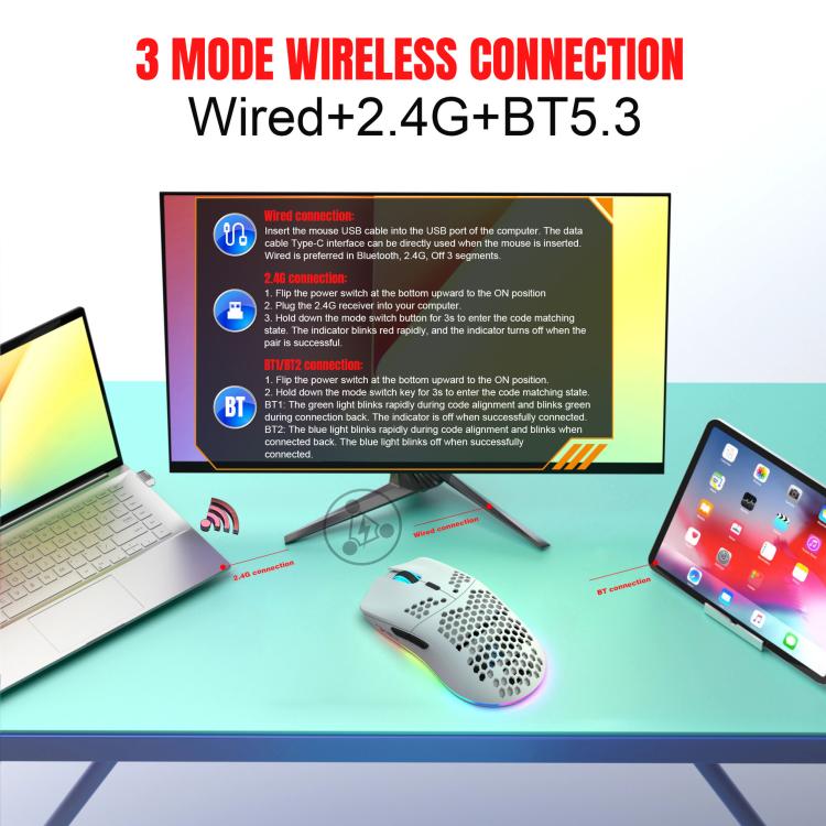 Проводная мышь HXSJ T66 с тремя режимами работы, 2.4G BT5.3, беспроводная, RGB, перезаряжаемая