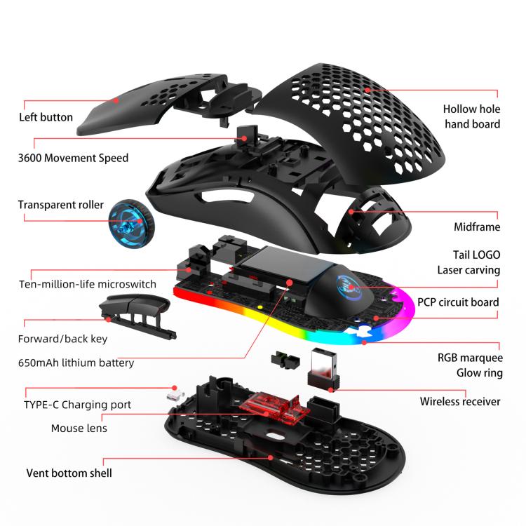 Проводная мышь HXSJ T66 с тремя режимами работы, 2.4G BT5.3, беспроводная, RGB, перезаряжаемая