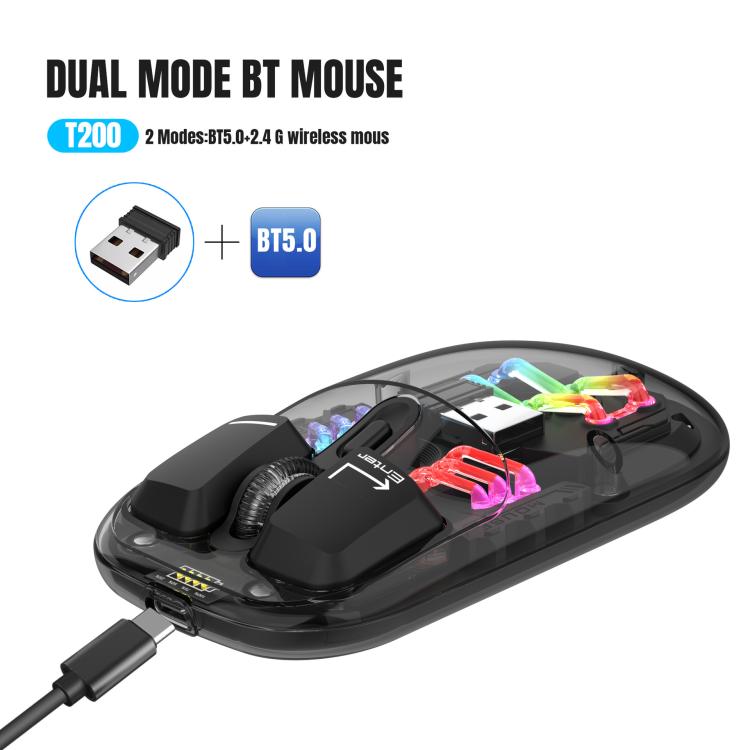 Беспроводная мышь HXSJ T200 Dual Modes 2.4G BT5.0 с прозрачной RGB-подсветкой