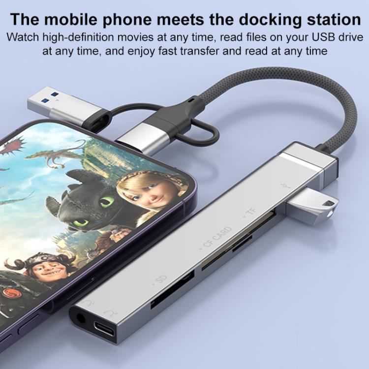 USB / Type-C / 8 Pin to CF / TF / SD Card Reader, 3.5mm HUB Adapter 6 in 1 Docking Station