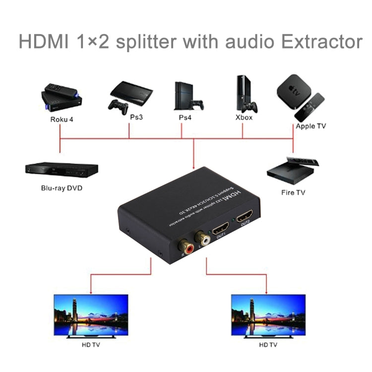 Разветвитель HDMI 1x2 с аудиоэкстрактором, поддержка 5.1CH / 2CH, 4Kx2K, 3D