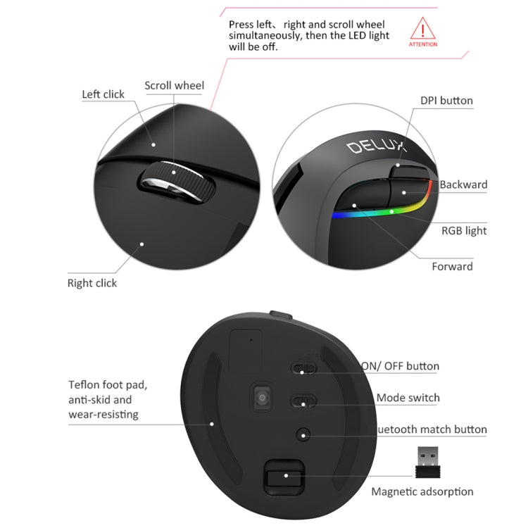 DELUX M618 Mini 2.4G беспроводная 2400 точек на дюйм USB перезаряжаемая эргономичная вертикальная мышь