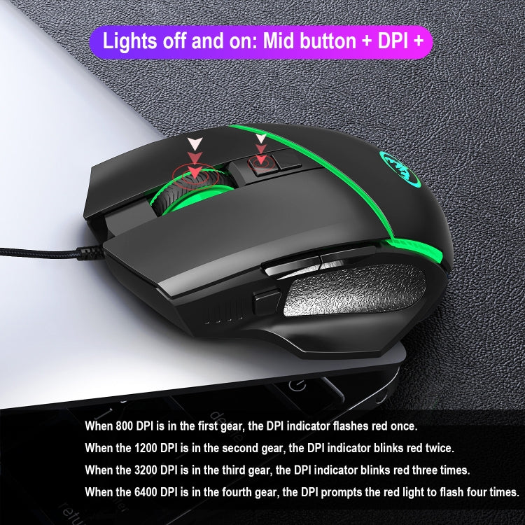 Проводная игровая мышь HXSJ A876 с цветной синхронной подсветкой, разрешением 6400 точек на дюйм, регулируемой подсветкой, длина: 150 см