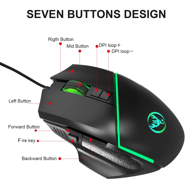 Проводная игровая мышь HXSJ A876 с цветной синхронной подсветкой, разрешением 6400 точек на дюйм, регулируемой подсветкой, длина: 150 см