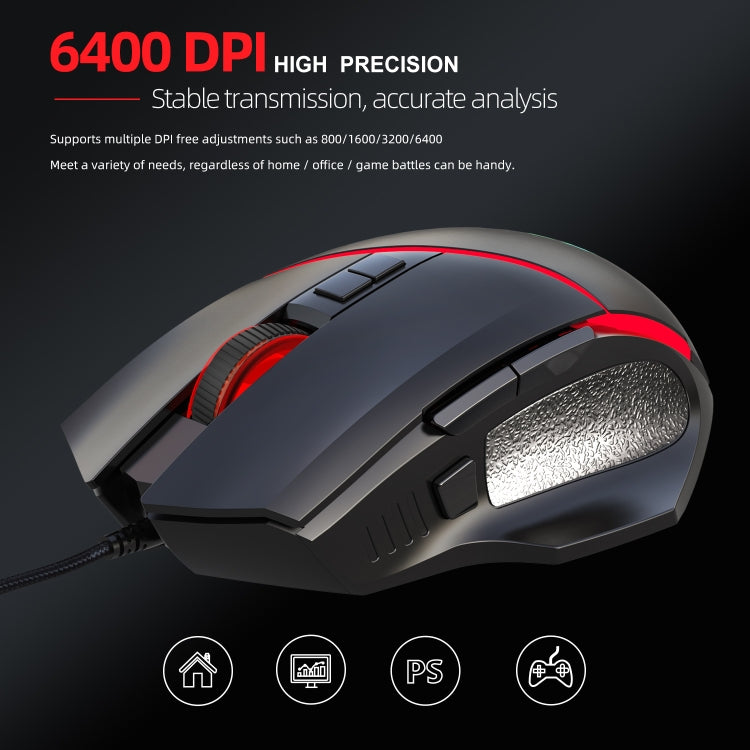 Проводная игровая мышь HXSJ A876 с цветной синхронной подсветкой, разрешением 6400 точек на дюйм, регулируемой подсветкой, длина: 150 см