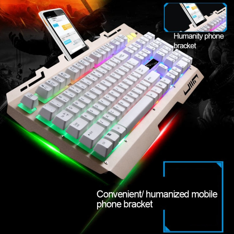 ZGB G700 104 taustiņu USB vadu mehāniskā sajūta mirdzoša metāla paneļa piekares spēļu tastatūra ar tālruņa turētāju