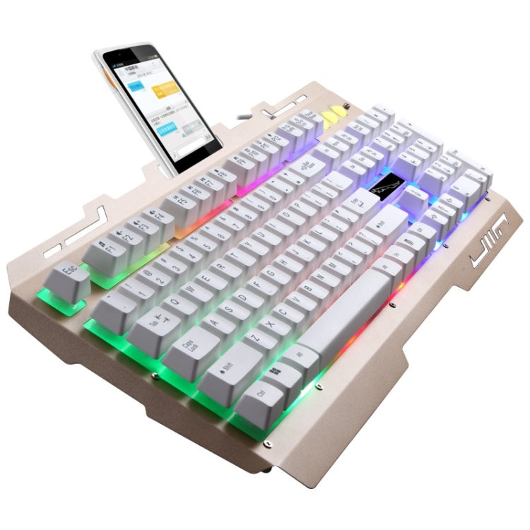 ZGB G700 104 taustiņu USB vadu mehāniskā sajūta mirdzoša metāla paneļa piekares spēļu tastatūra ar tālruņa turētāju