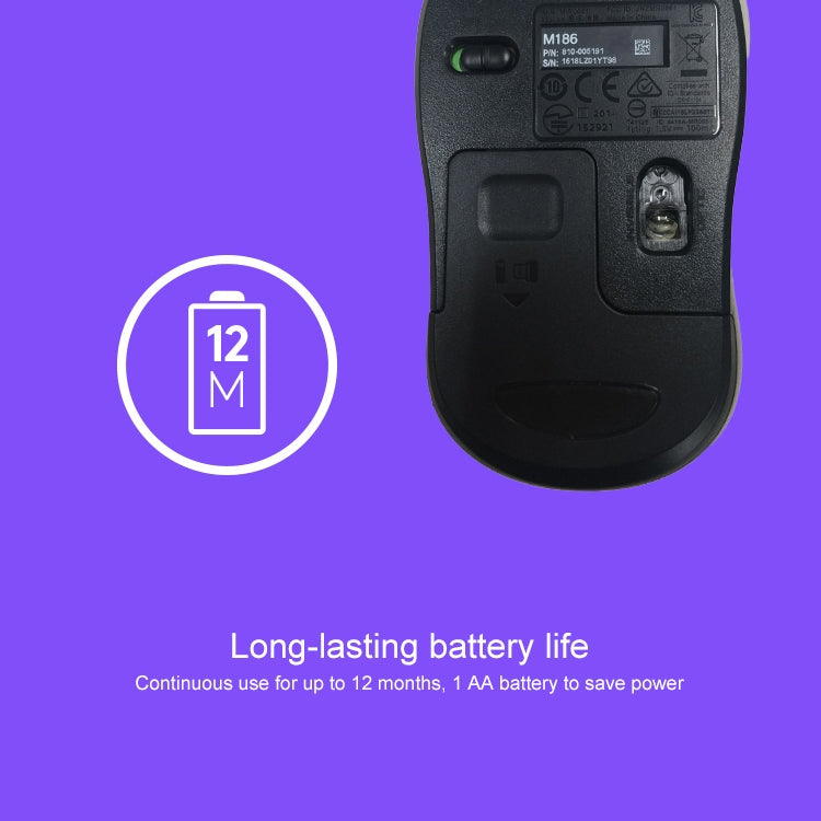 Logitech M186 bezvadu pele, enerģiju taupoša, USB, klēpjdatoram, galda datoram, universāla