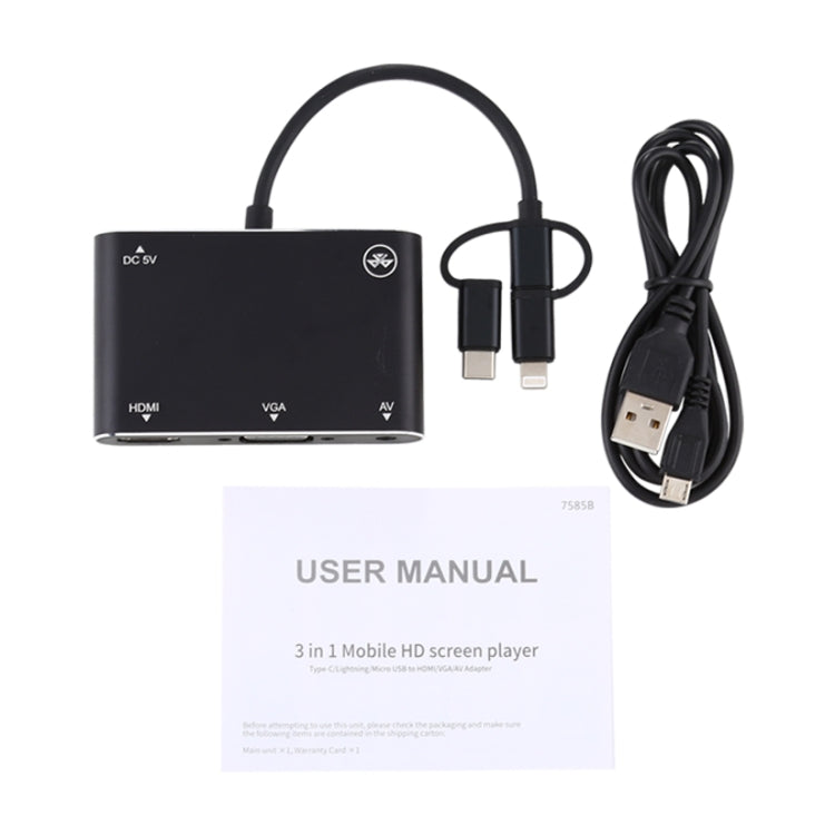 3 в 1 8-контактный + Micro USB + Type-C в AV + HDMI + VGA 15-контактный адаптер-конвертер для HD-плеера со звуком