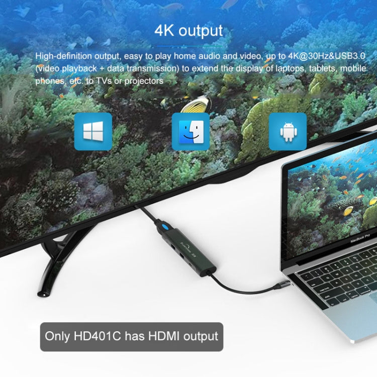 Blueendless 4 в 1 многофункциональная док-станция расширения Type-C / USB-C на HDMI + PD + Dual USB 3.0 HUB