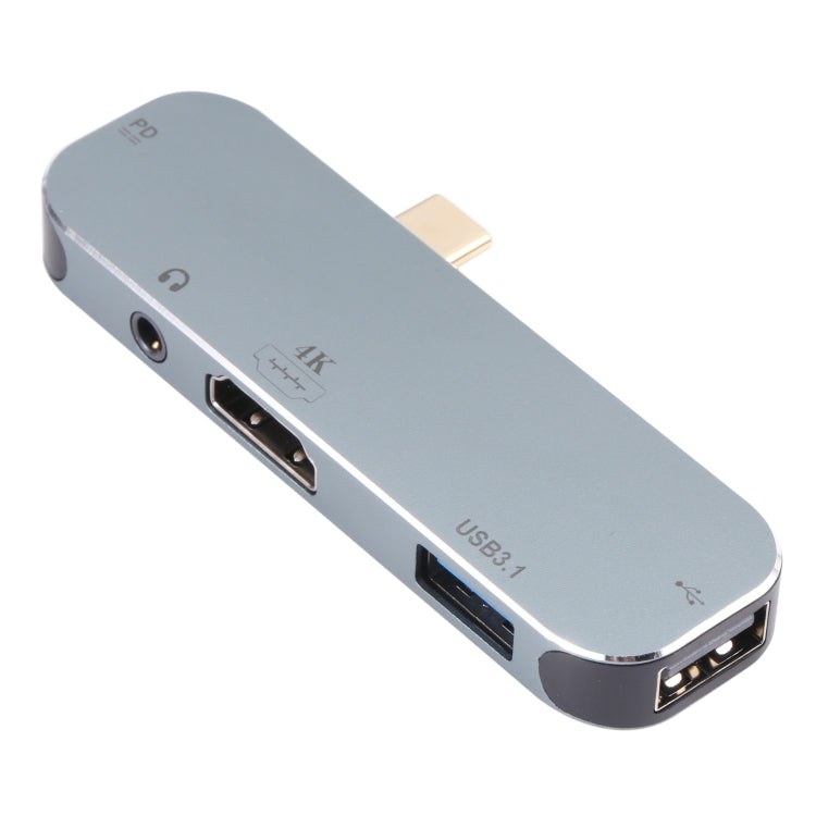 5 vienā USB-C / C tipa vīriešu spraudnis uz PD USB-C / C tipa lādētāju + 3,5 mm AUX + 4K HDMI + USB 3.1 + USB mātītes adapteris