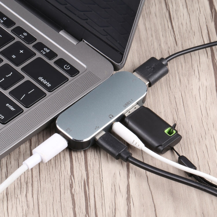 Адаптер 5-в-1 USB-C/Type-C (штекер) на два USB-C/Type-C + 3,5 мм AUX + USB 3.1 + USB (гнездо)