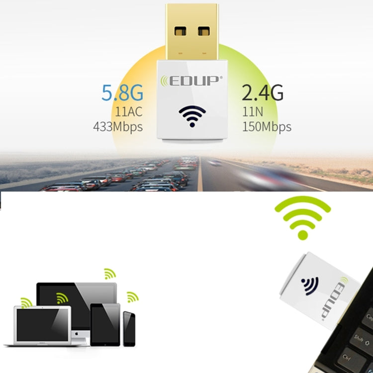 EDUP EP-AC1619 Мини Беспроводная USB-карта 600 Мбит/с 2,4 ГГц / 5,8 ГГц 150 Мбит/с + 433 Мбит/с Двухдиапазонная WiFi-сетевая карта для ноутбука / ноутбука / ПК