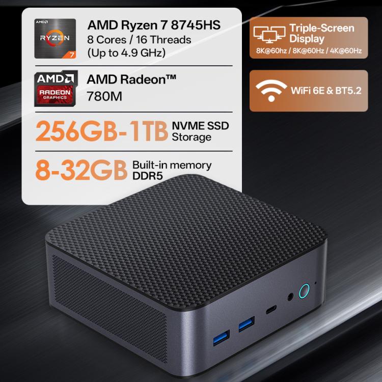 GXMO H90 Pro Windows 11 mini dators, AMD Ryzen 7 8745HS astoņkodolu procesors, ES spraudnis