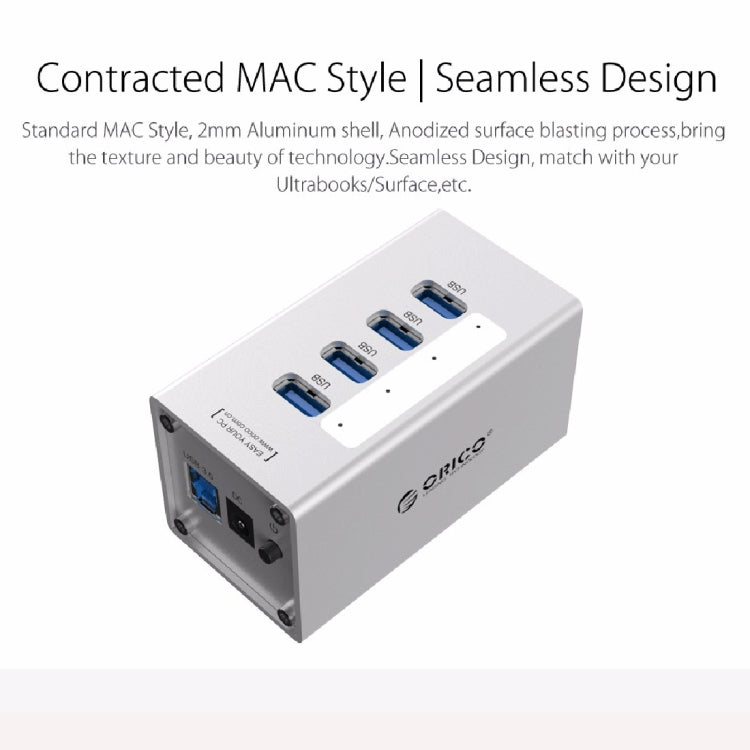 Высокоскоростной алюминиевый концентратор ORICO A3H4 на 4 порта USB 3.0 с блоком питания 12 В/2,5 А для ноутбуков
