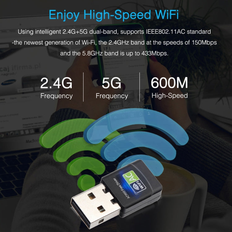 AC600Mbps 2.4GHz & 5GHz двухдиапазонный USB 2.0 WiFi Free Drive Adapter внешняя сетевая карта
