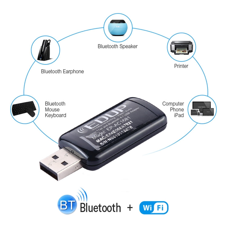 EDUP EP-AC1681 2 в 1 AC1200 Мбит/с 2,4 ГГц и 5,8 ГГц двухдиапазонный USB WiFi адаптер внешняя сетевая карта с функцией Bluetooth 4.1