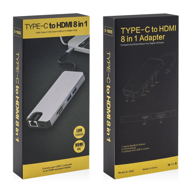 Адаптер 8-в-1 Type-C на HDMI + USB 3.0 + USB 3.0 + Type-C + LAN + VGA + устройство чтения карт TF/SD