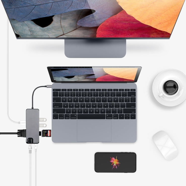 Адаптер 8-в-1 Type-C на HDMI + USB 3.0 + USB 3.0 + Type-C + LAN + VGA + устройство чтения карт TF/SD