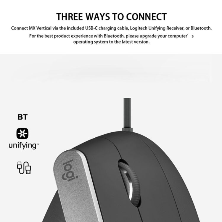 Logitech MX Vertical 4000 точек на дюйм USB-C / Type-C + Unifying + Bluetooth эргономичная беспроводная вертикальная оптическая мышь с тремя режимами