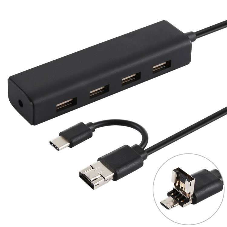Конвертер-концентратор 3 в 1 USB-C / Type-C + Micro USB + 4 порта USB 2.0, длина кабеля: 12 см