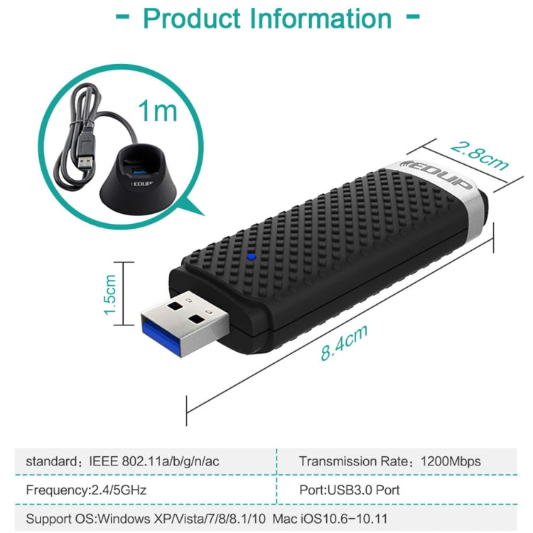 Адаптер-приемник Ethernet EDUP EP-AC1609 1200 Мбит/с с высокоскоростным USB 3.0 WiFi и кабелем-удлинителем 1 м и базой