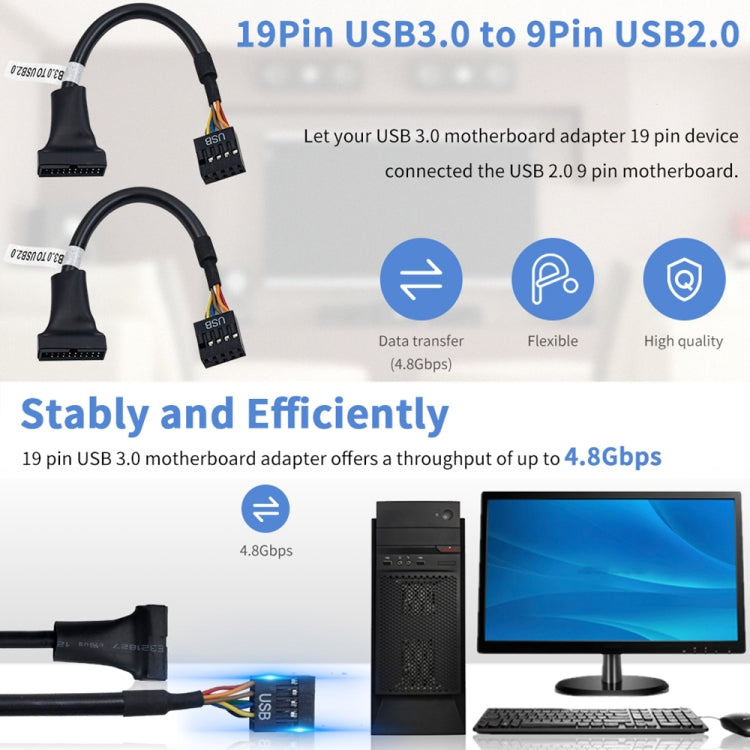USB 2.0 9Pin Motherboard Female to USB 3.0 19Pin Housing Male Adapter Cable, Length: 15cm