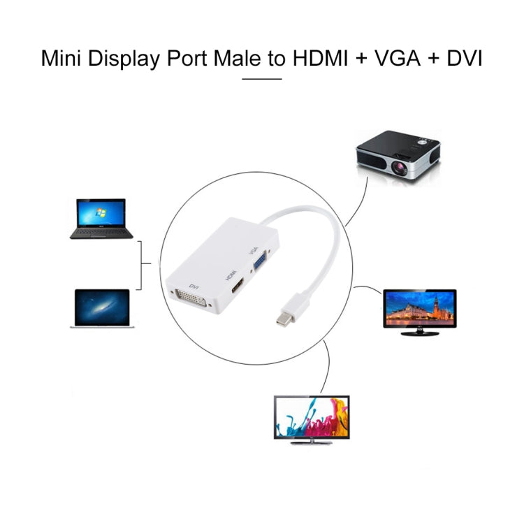 3 vienā Mini DisplayPort vīriešu — HDMI + VGA + DVI mātīšu adaptera pārveidotājs Mac Book Pro Air priekšmetam, kabeļa garums: 18 cm