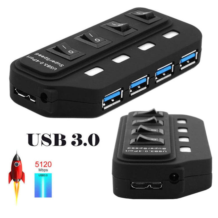 Концентратор USB 3.0 на 4 порта с индивидуальными переключателями для каждого порта передачи данных