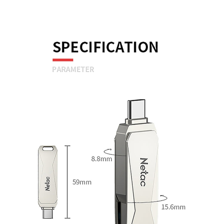 Netac U782C 128GB USB-C / Type-C + USB 3.0 360 Degrees Rotation Zinc Alloy Flash Drive OTG U Disk