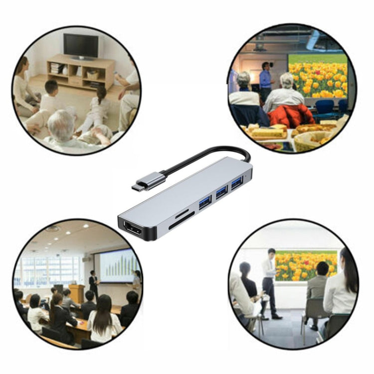 6 vienā C tipa uz 3 x USB portiem + SD/TF karti + HDMI dokstaciju