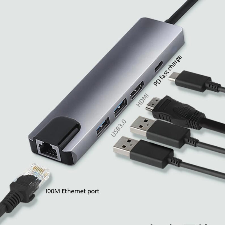 Адаптер 5-в-1 USB Type-C на RJ45 + USB3.0 x 2 + PD + HDMI HUB