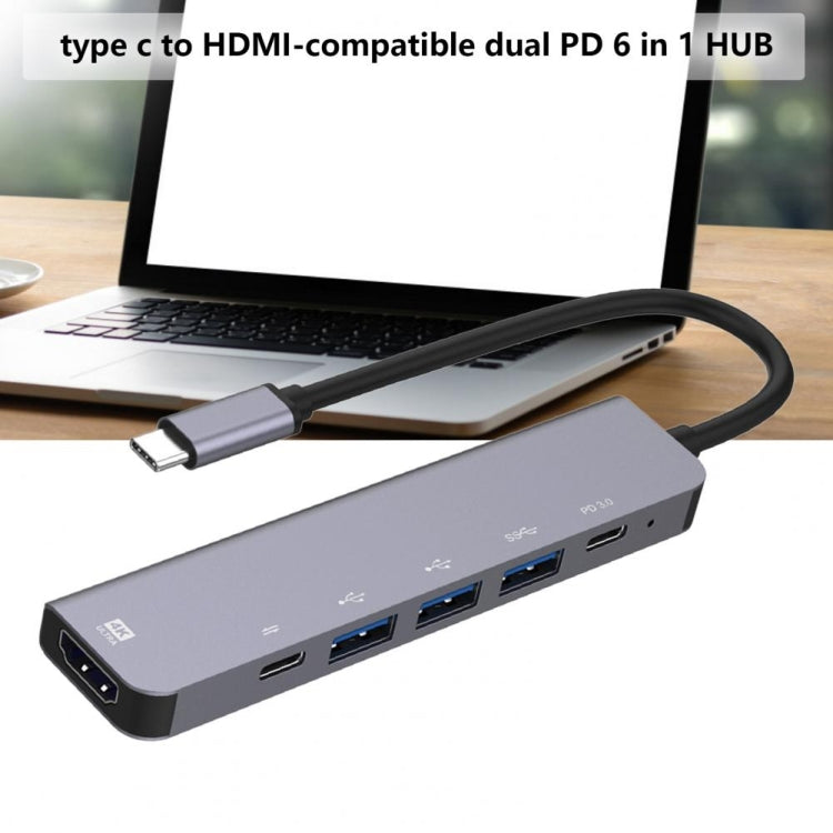 Док-станция-концентратор 6-в-1 Type-C на HDMI + PD + Type-C + USB3.0 + USB2.0 x 2