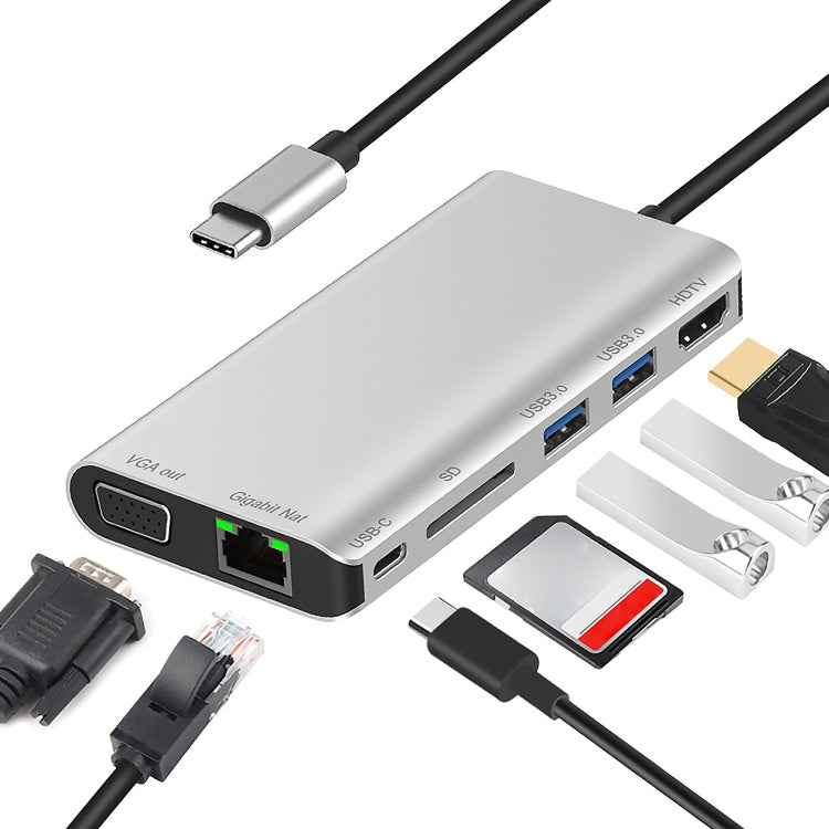 7 в 1 Type-C на RJ45 + VGA + Type-C + слот для карты SD + USB 3.0 x 2 + адаптер для док-концентратора HDMI