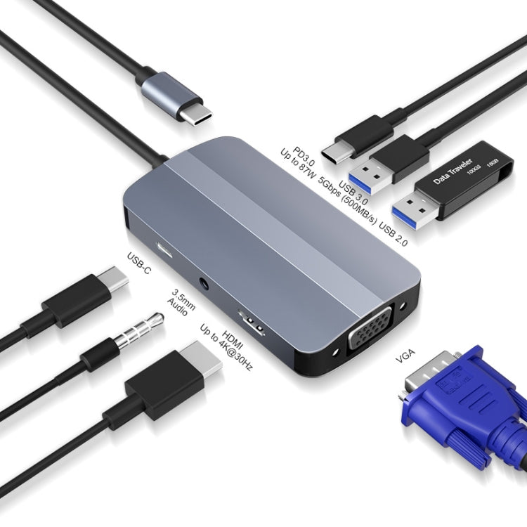 Док-станция JUNSUNMAY 7-в-1 Type-C на 4K HDMI + VGA + 3,5 мм аудиоадаптер PD Quick Charge Hub
